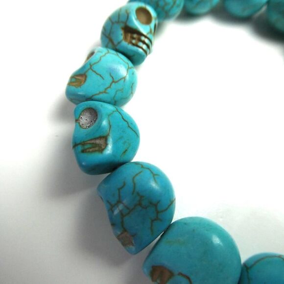 Skull Holy Cross Faith Death Life Faux Turquoise Round Karma Beaded Bracelet - Picture 3 of 5